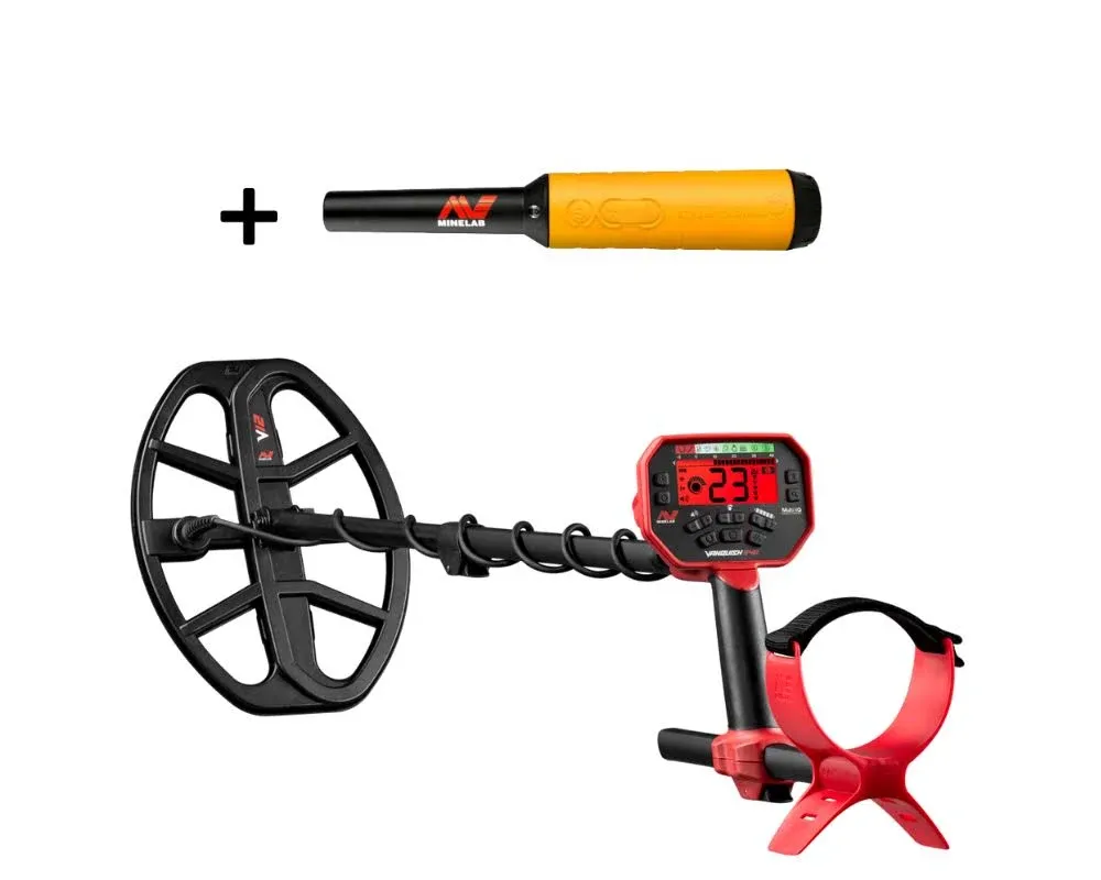 Minelab Vanquish 540 Multi-Frequency Pinpointing Metal Detector for Adults with Iron Bias & V12 12"x9" Double-D Waterproof Coil (4 Detect Modes, Wired Headphones & Rain Cover Included)