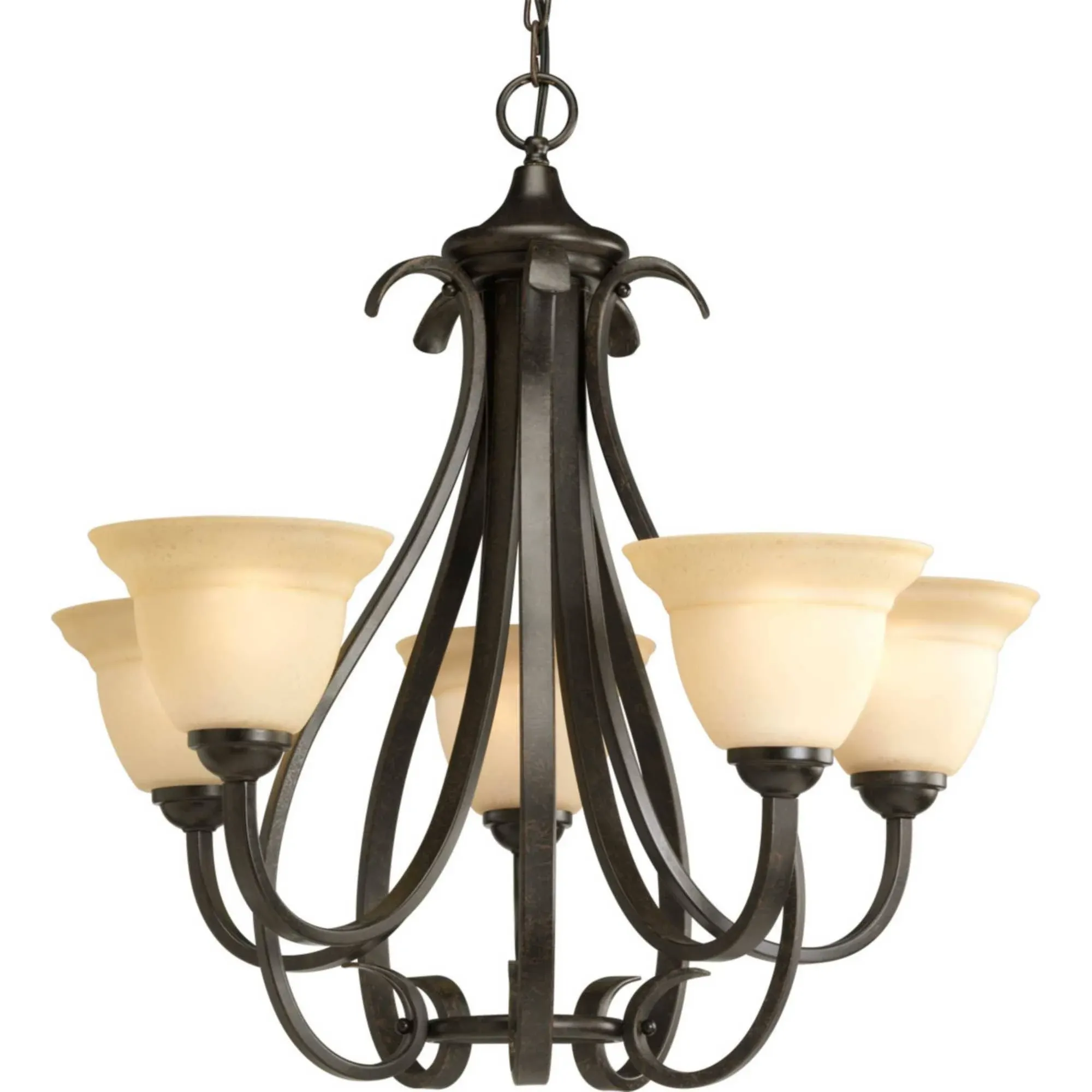 Progress Lighting Torino 5 - Light Chandelier ,  Forged Bronze with Tea-Stained Glass Shade