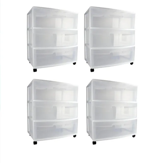 Sterilite 29308001 Wide 3 Drawer Cart, White Frame with Clear Drawers