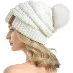 QUEENFUR Women Knit Slouchy Beanie Chunky Baggy Hat with Faux Fur Pompom Wint...