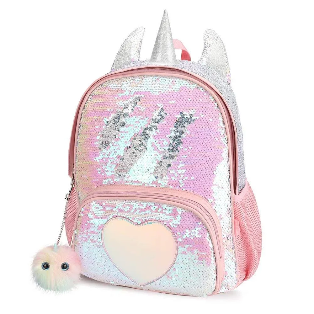 mibasies Girls Backpack for Kids, Unicorn Backpack for Girls, Glitter Rainbow Elementary School Backpack（Pink Blue Ranibow）