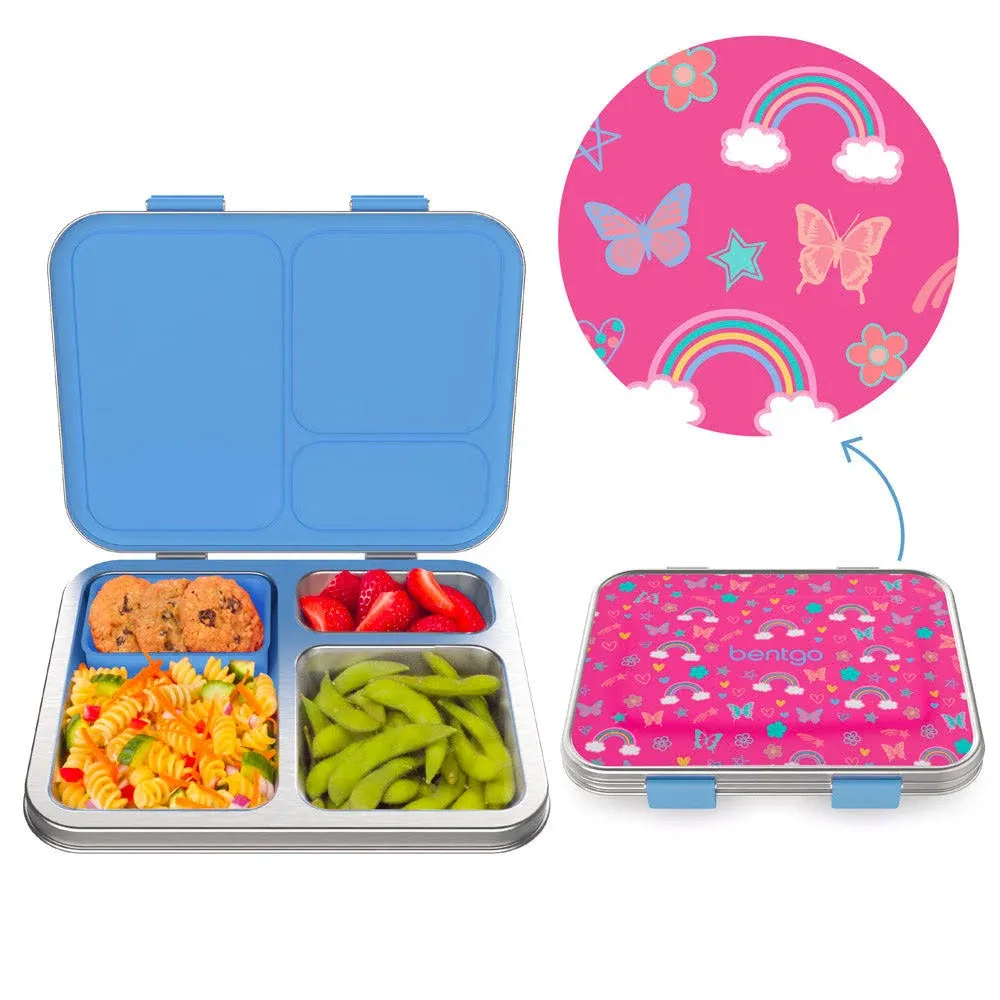 Bentgo Kids Stainless Steel Prints Leak-Resistant Lunch Box - 3-Compartment Bento Style Lunch Box with Bonus Container - Eco-Friendly, Dishwasher Safe, BPA-Free, Ages 3+ (Rainbows & Butterflies)