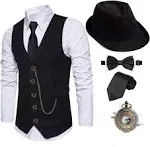 EFORLED 1920s Mens Costume Fedora Hat,Gatsby Gangster Vest,Vintage Pocket Watch,Pre Tied Bow Tie,Tie,CC-M