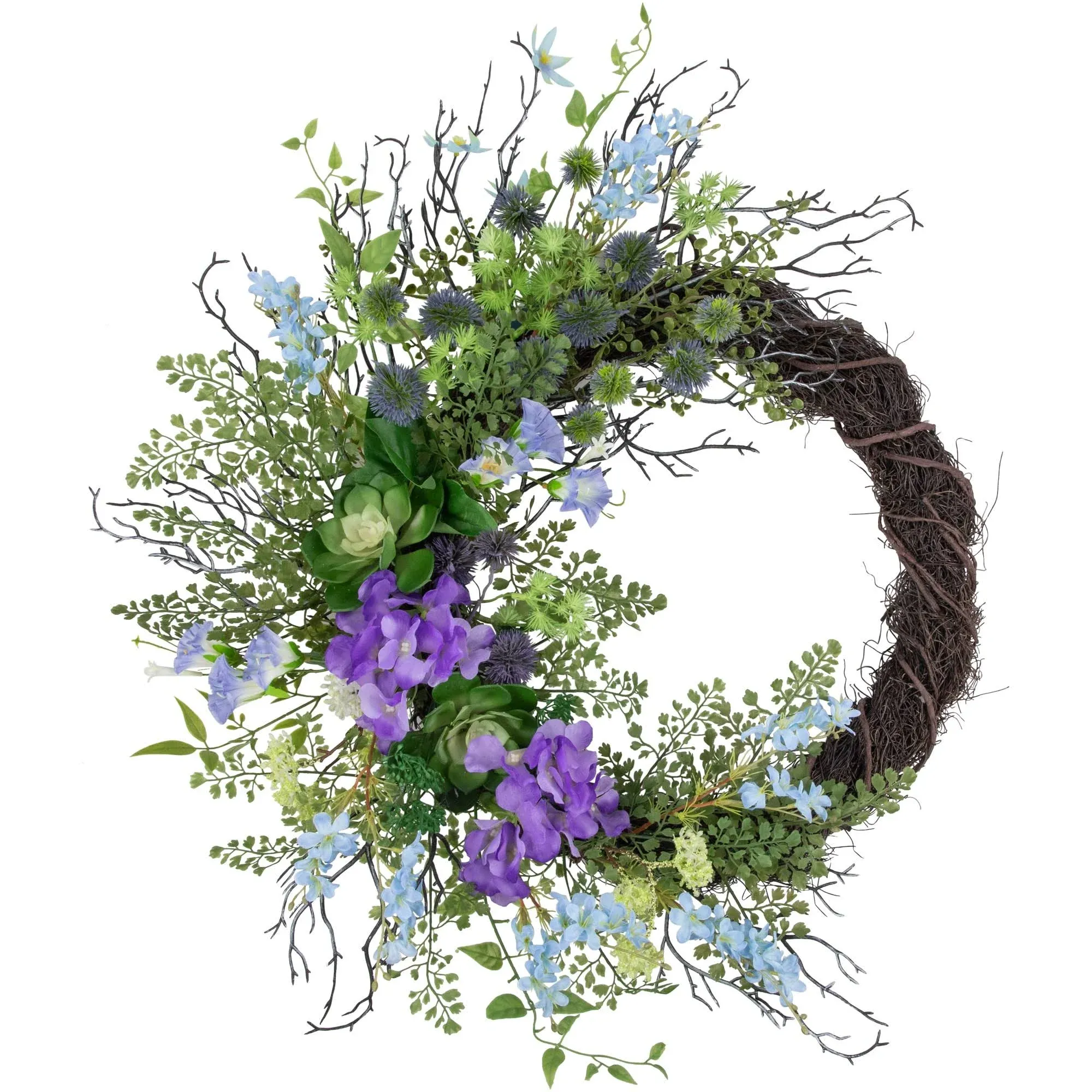 Mixed Wild Flowers and Twig Artificial Spring Wreath, 24-Inch - Purple