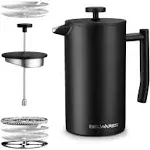 Belwares French Press Coffee Maker, Double Wall Stainless Steel with Extra Filters, 34 oz Black