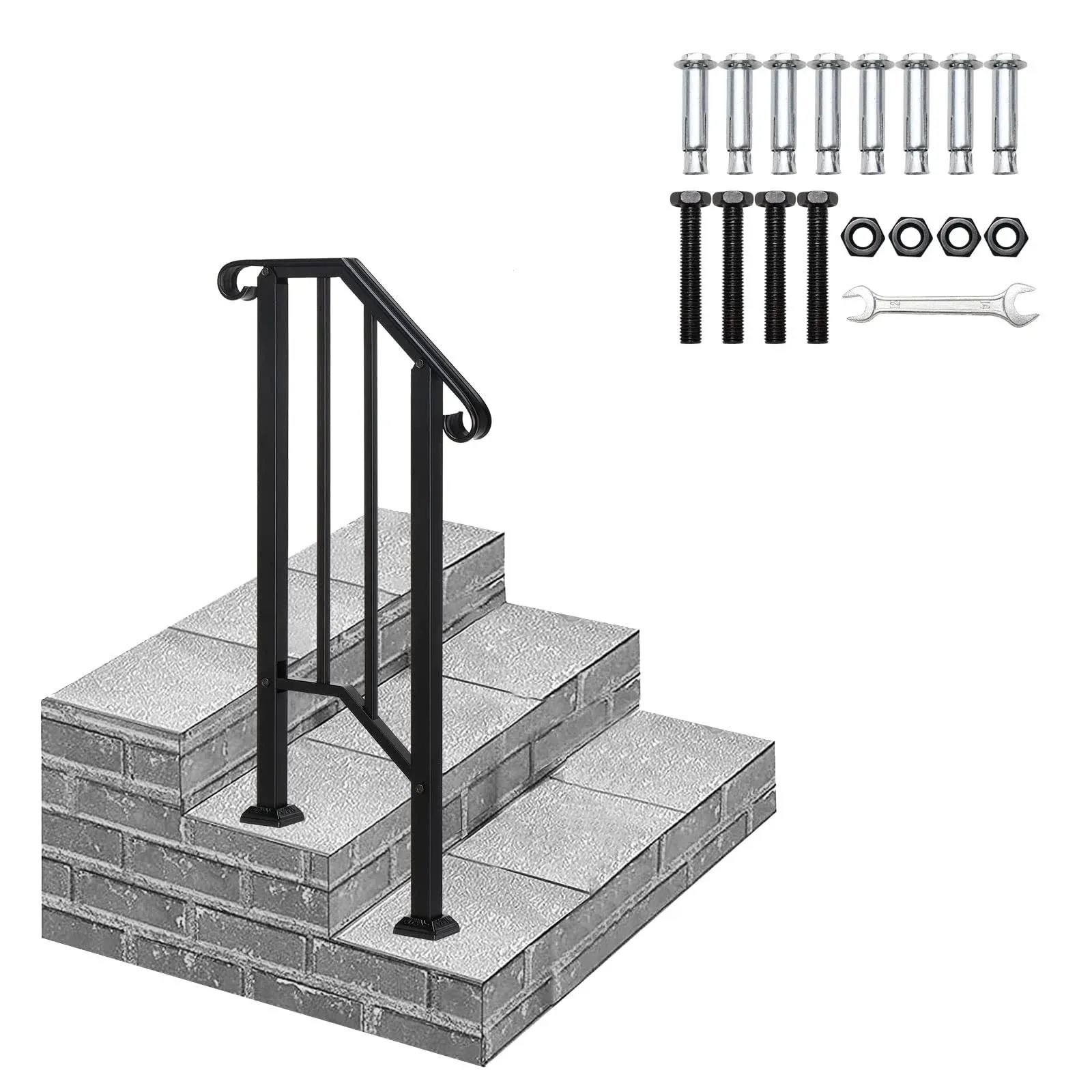 ANTSKU 2 Step Handrails for Outdoor Steps, Wrought Iron Stair Railing Fits 1 or 2 Steps, Metal Hand Rail with Installation Kit, Staircase Handrails for