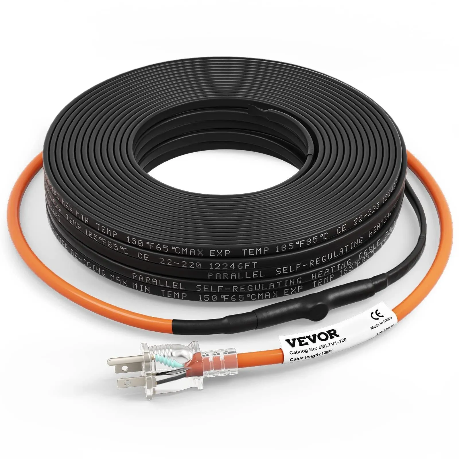 VEVOR Self-Regulating Pipe Heating Cable, 120-Feet 5W/ft Heat Tape for Pipes Freeze Protection, Protects PVC Hose, Metal and Plastic Pipe from