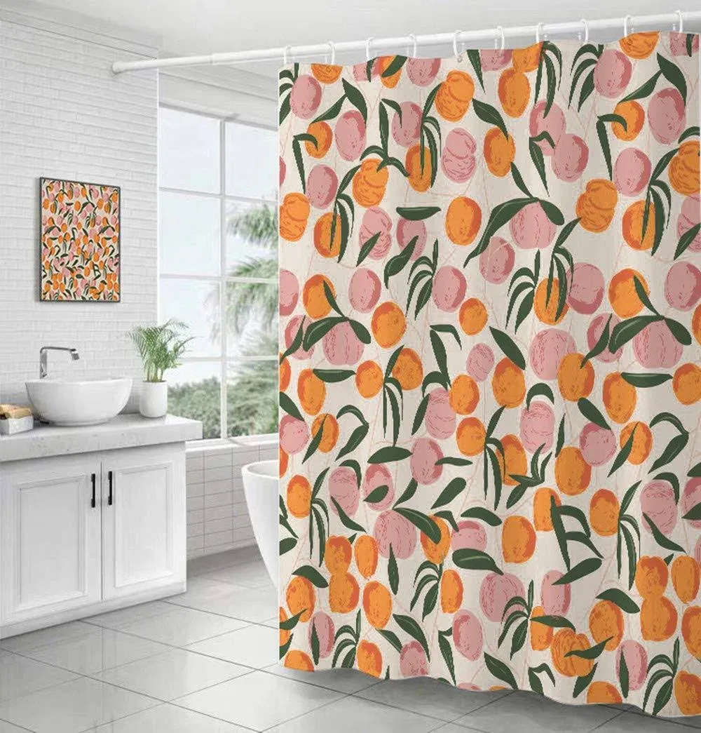 Inshere Decorative Peach Shower Curtain Waterproof Polyester Fabric, Home Bathroom Decor Fruits Hanging Curtain with Hooks 72 by 72 inch, Hotel