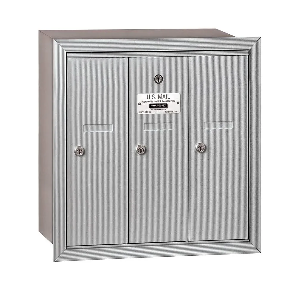 Salsbury Industries Vertical Mailbox - 3 Doors - Aluminum - Recessed Mounted - USPS Access