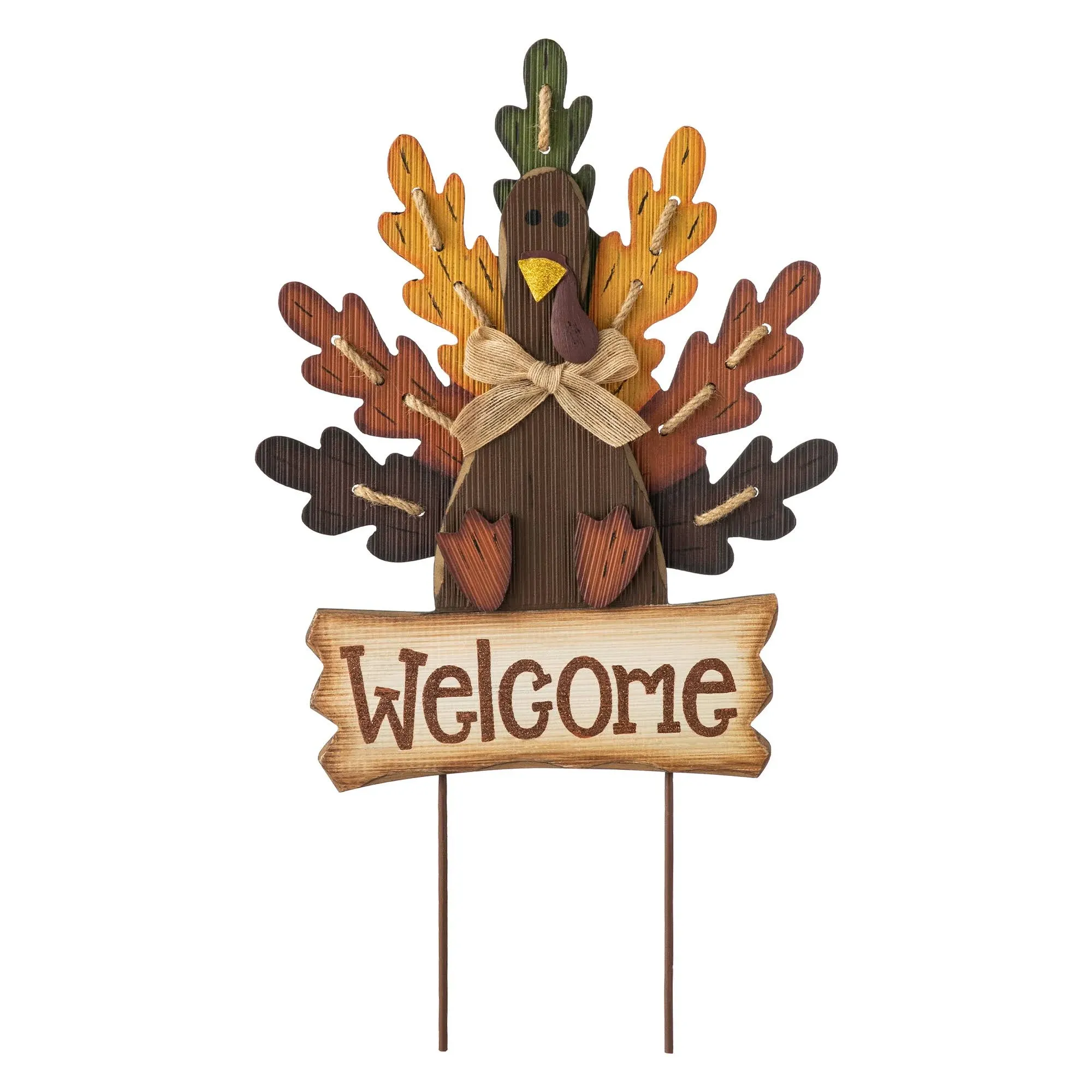 Glitzhome Burlap Wooden Autumn Turkey Welcome Sign or Yard Stake