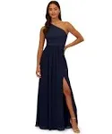 Adrianna Papell Blue One Shoulder Georgette Chiffon Split Side Gown Size 8