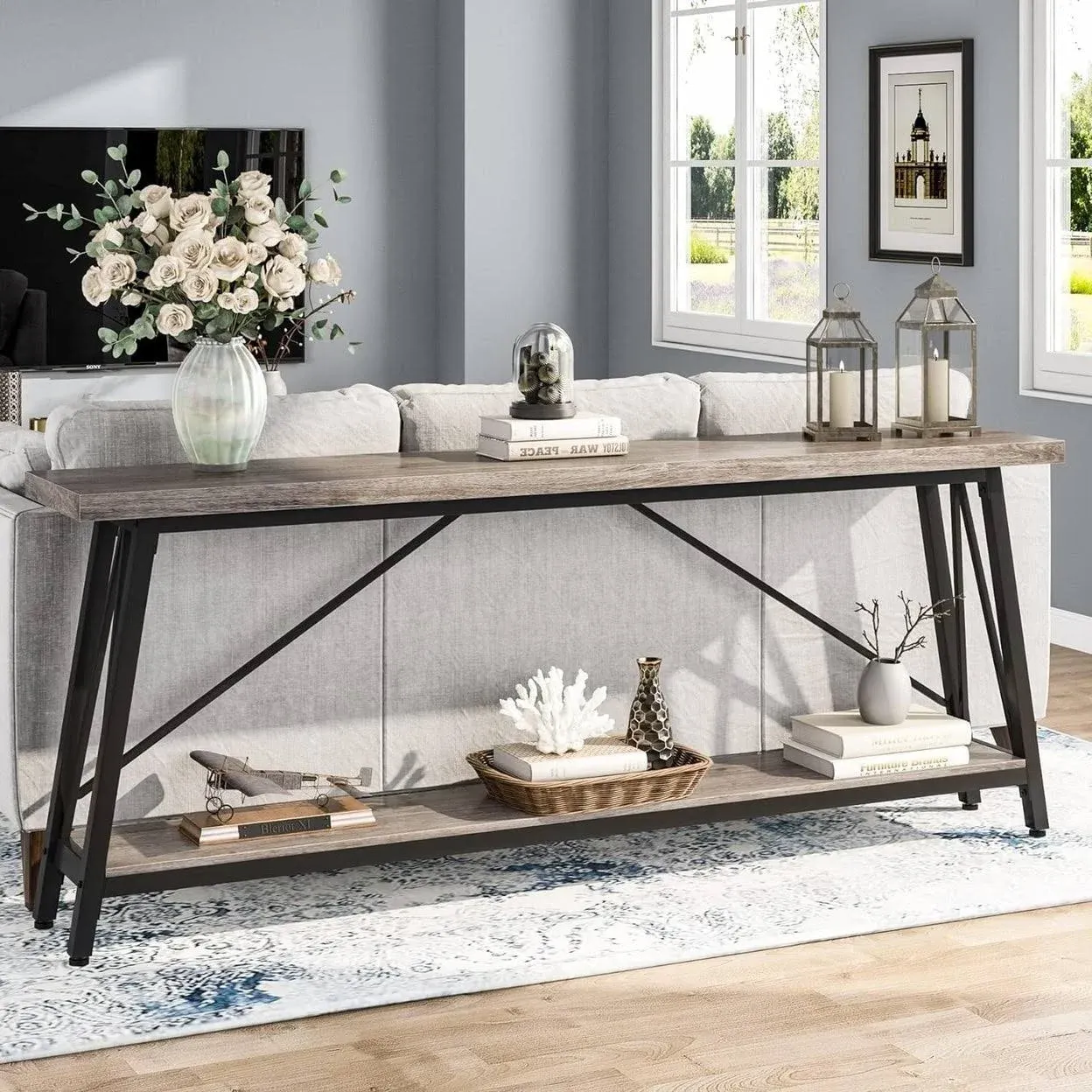 Tribesigns 70.9 Inches Extra Long Sofa Table Behind Couch, Industrial Entry Console Table for Hallway, Entryway & Living Room, Light Gray and Black