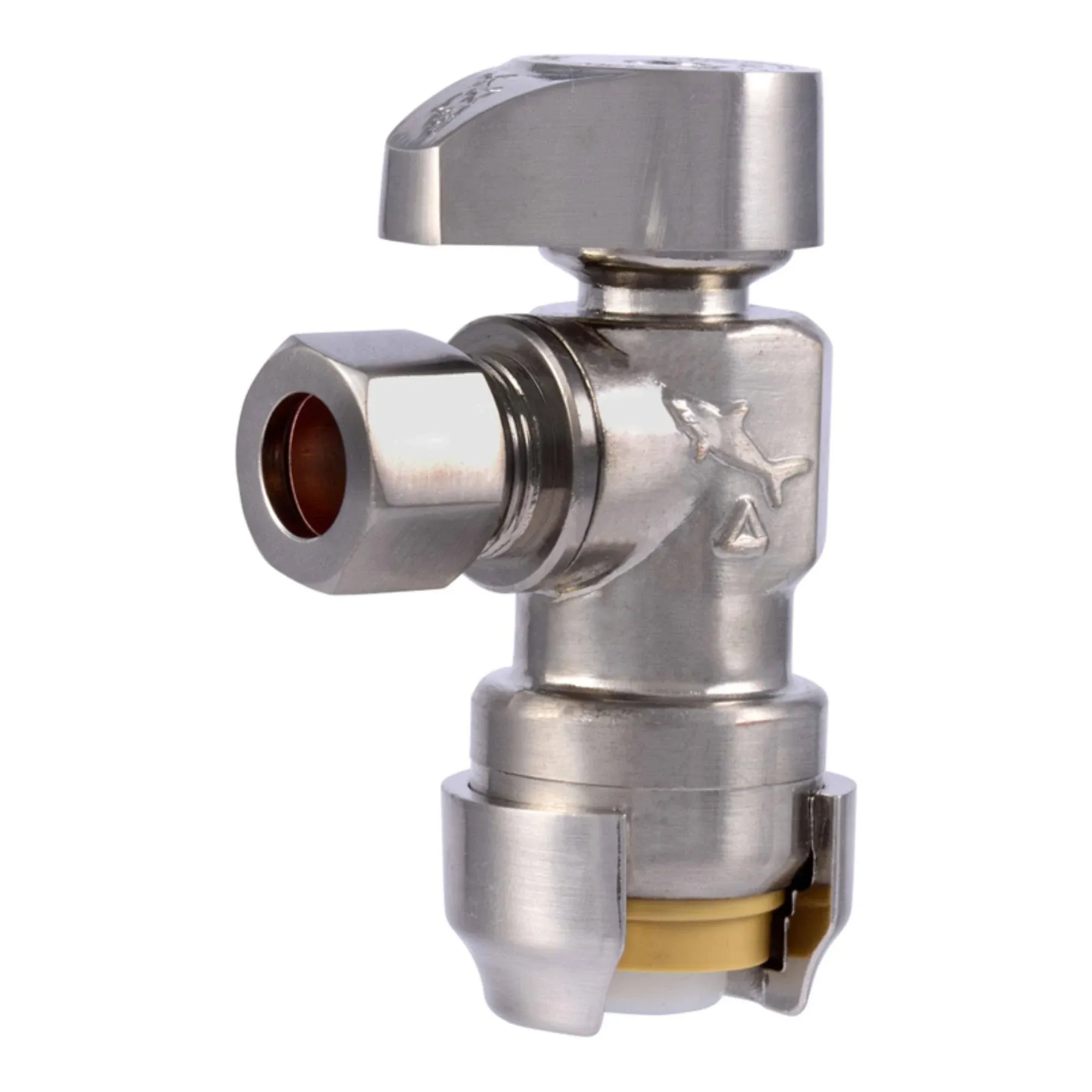 SharkBite 23036LFBN Angle Stop Valve, 1/2 x 3/8 in Connection, Push-to-Connect x Compression, 4 gpm, 125 psi Pressure Brushed Nickel