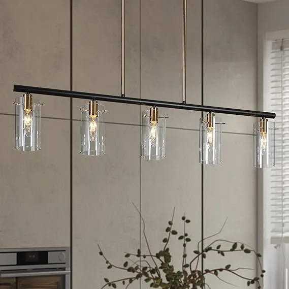 ZEVNI 5-Light Kitchen Island Lighting, Black Gold Linear Pendant Lighting, Modern ...