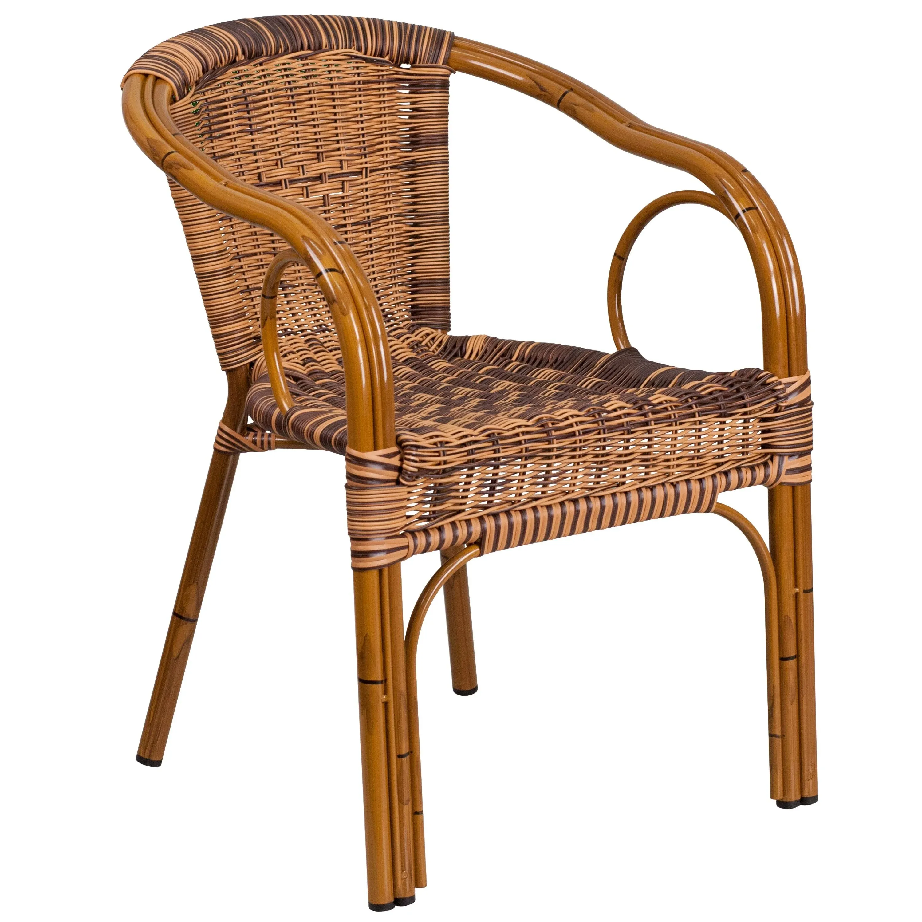 Cadiz Series Burning Brown Rattan Restaurant Patio Chair with Dark Red Bamboo-Aluminum Frame