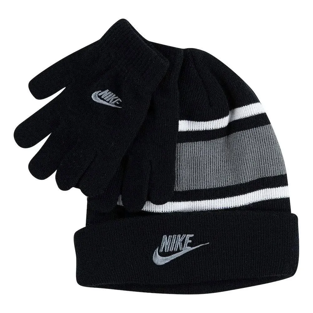 NEW Nike Boys Youth 2 Piece Foldover Beanie Hat &amp; Gloves Set Gray Black White