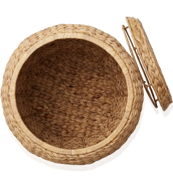 Casafield Round Storage Basket with Lid, Natural - Handwoven Water Hyacinth Hamper for Laundry, Blankets, Plants