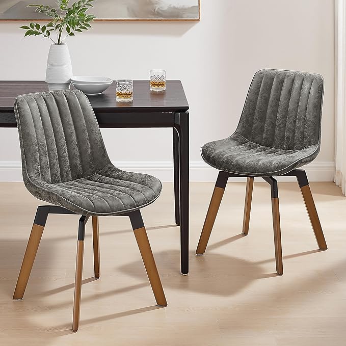 Art Leon Swivel Dining Chairs Set of 2, Mid Century Modern Kitchen Dining Room Chairs, Upholstered Faux Leather Armless Side Chair with Wood Legs for Living Room Bedroom, Brown