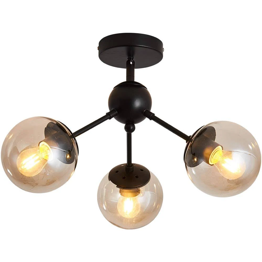 UOFUS 3-Light Glass Globe Chandelier Matte Black Vintage Semi Flush Mount Ceiling Light Fixture Farmhouse Ceiling Lamp for Hallway Entryway Dining Room Bedroom Kitchen Laundry Room Foyer