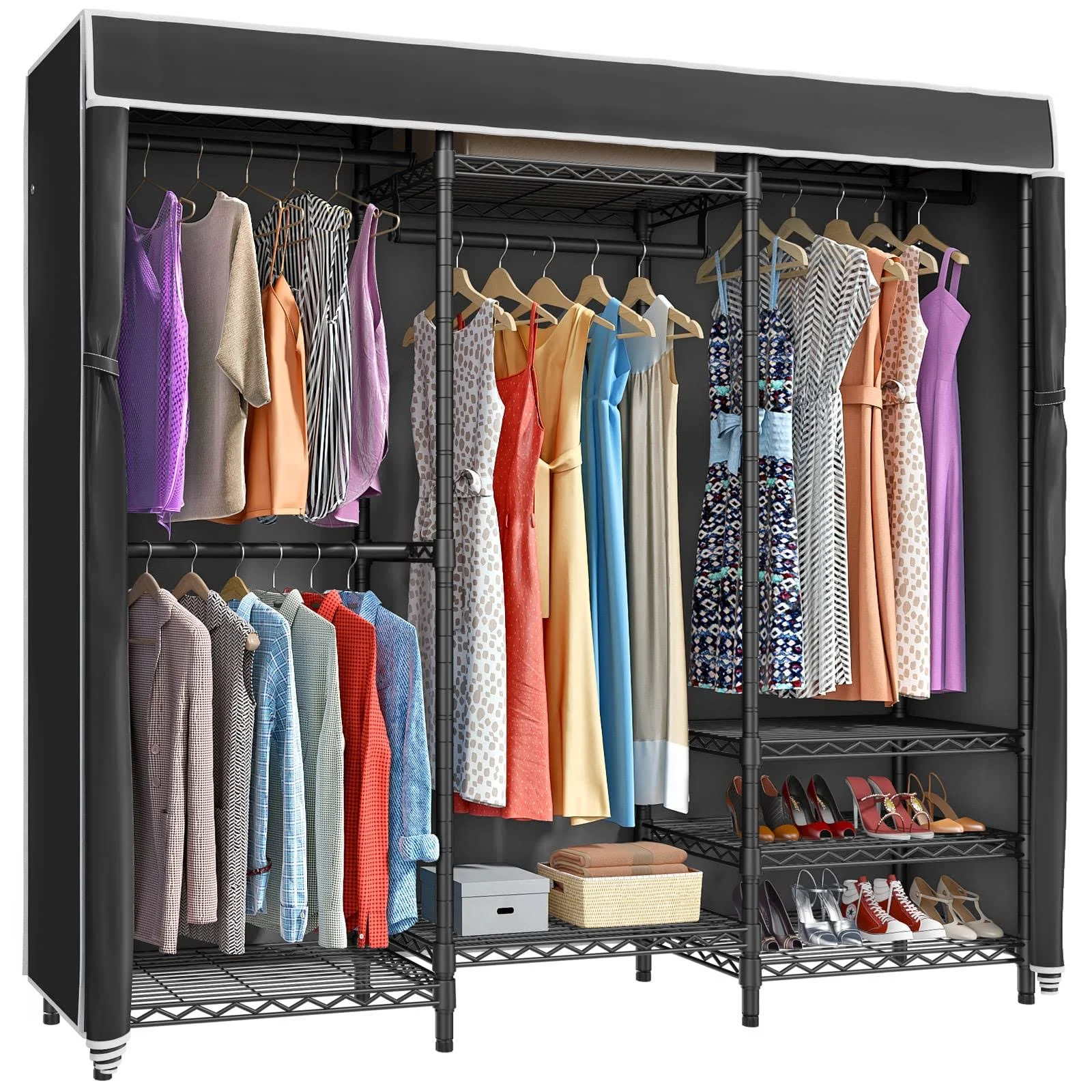 VIPEK V5C Plus Covered Clothes Rack Portable Wardrobe Closet with Cover, Black Metal Clothing Rack with Cover