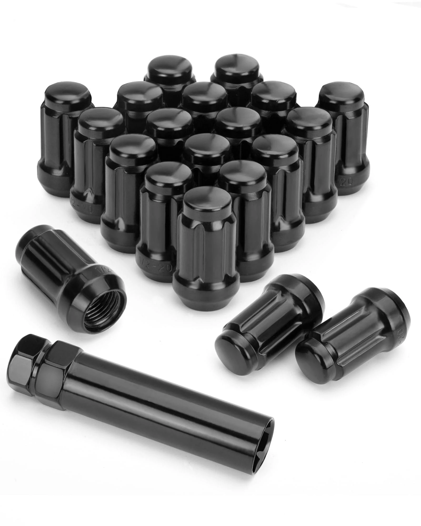 KSP M12x1.5 Lug Nuts Black, 20pcs 12mmx1.5 Lug Nut 6 Spline Lugnuts for Honda Accord CRV Civic Fusion Focus Escape XR-V Element Pilot Impala, Closed End Aftermarket Nuts with 1 Socket Key for Chevy