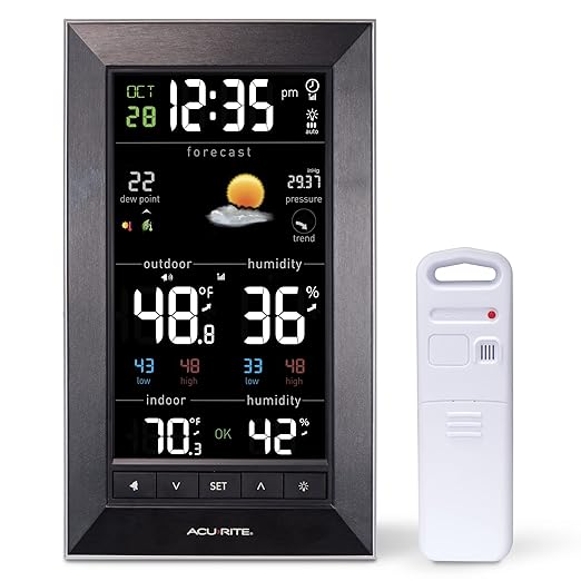 AcuRite Digital Vertical Weather Forecaster with Indoor/Outdoor Temperature, Humidity, and Date and Time (01121M) , BLACK