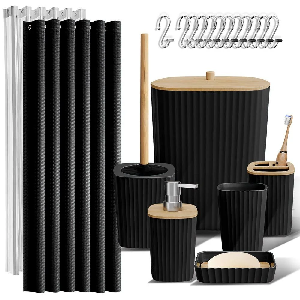 Clara Clark Bamboo Bathroom Accessories Set with Shower Curtain Set, Toilet Brush, Trash Can & Soap Dispenser - Complete Set - Navy Blue