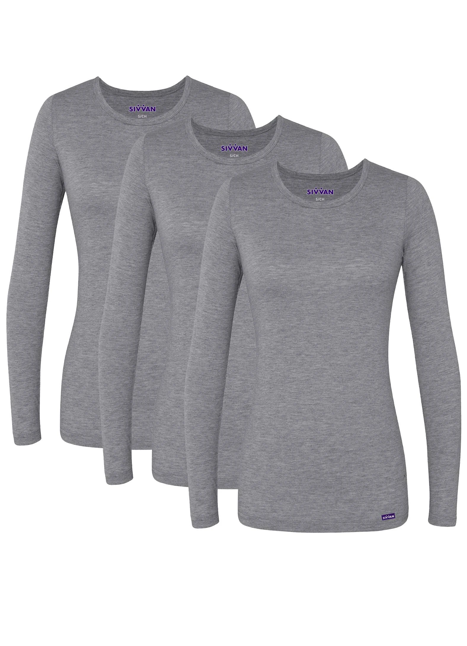 Sivvan 3 Pack Women's Comfort Long Sleeve T-Shirt / Underscrub Tee, Size: XL, Gray