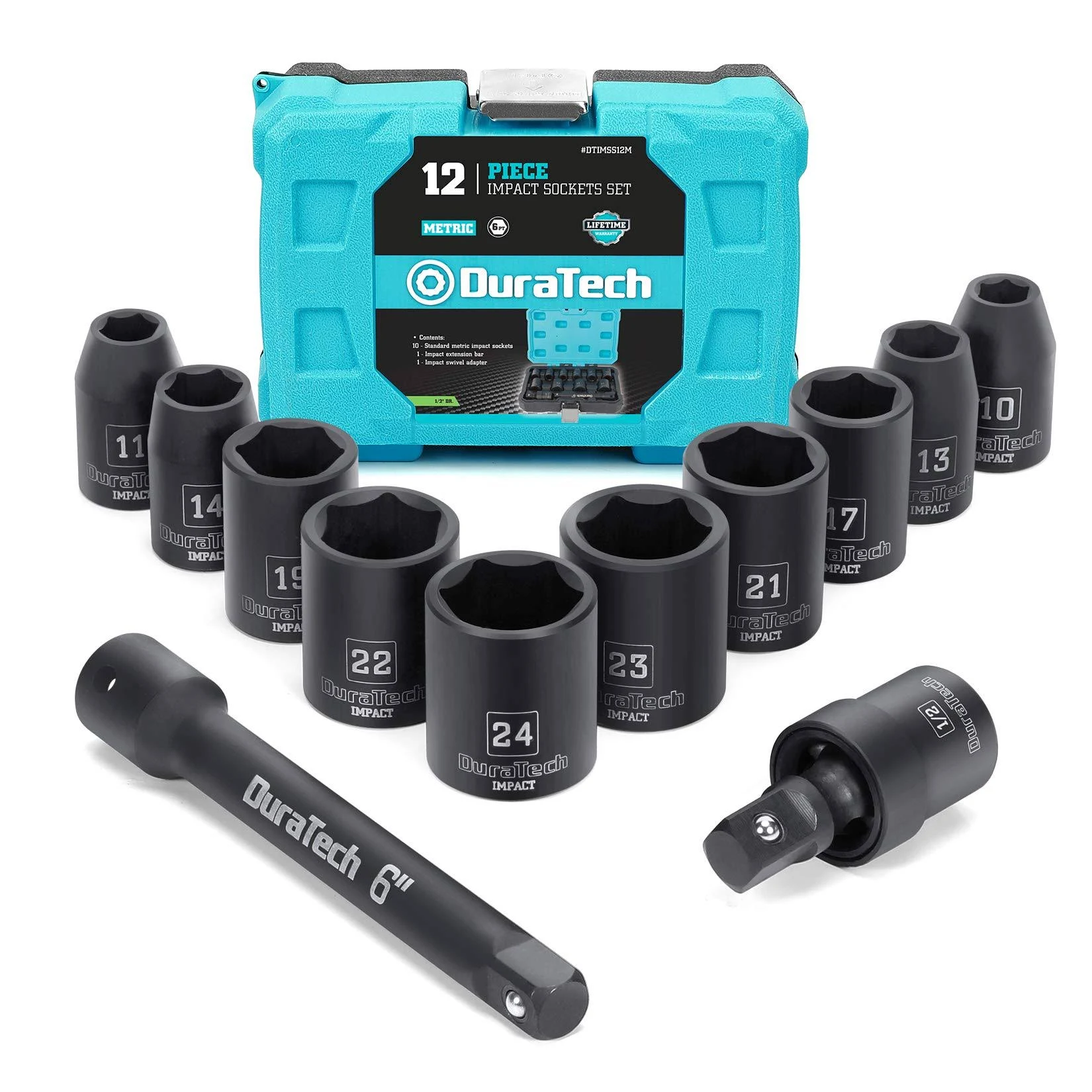 DURATECH 12PCS 1/2&#039;&#039;Drive Impact Socket Set Metric Sockets Adapter Extension Bar