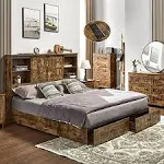 Queen Size Bed Frame, Wooden Platform Storage Bed with 51.2&#034; Bookcase Headboard,