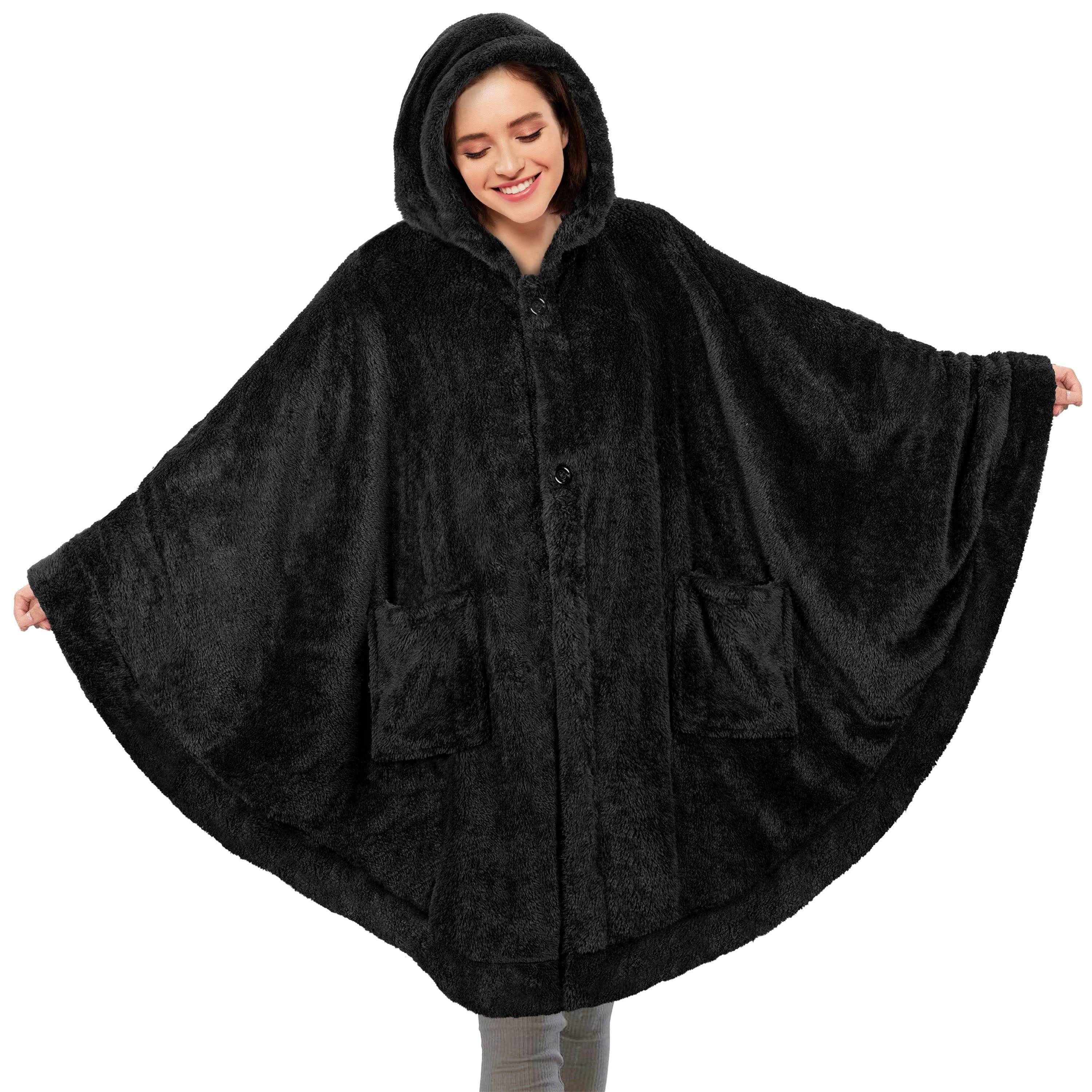 PAVILIA Angel Wrap Hooded Blanket Poncho Sherpa Fleece, Black