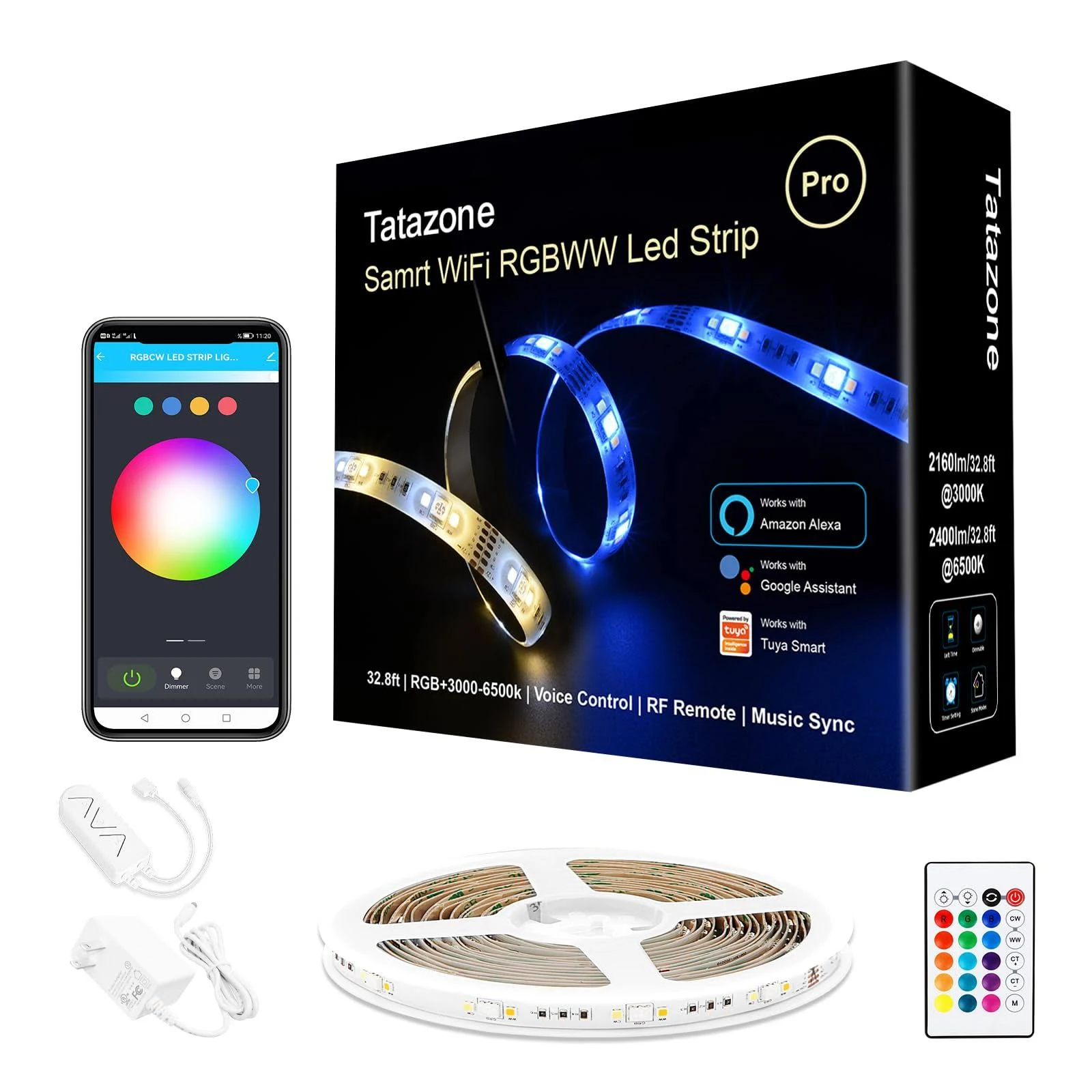 Tatazone RGBWW Smart LED Strip Lights, 32.8ft RGB+Warm white+Daylight White 