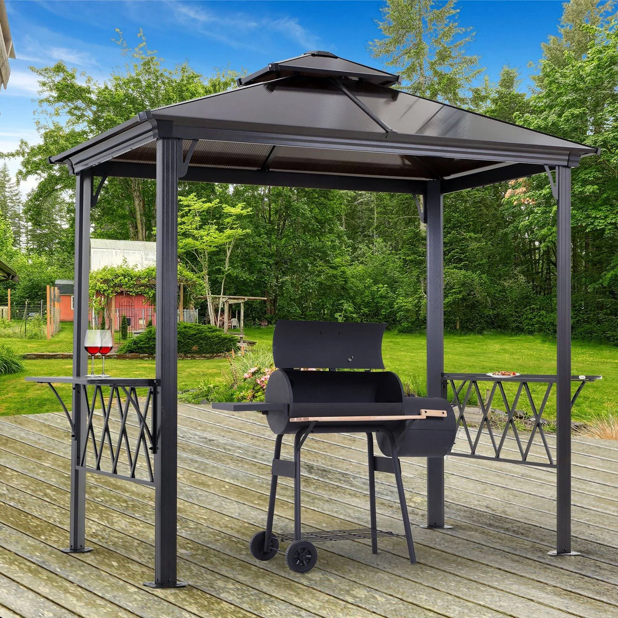 Outsunny 9' x 5' Grill Gazebo Hardtop BBQ Canopy with 2-Tier, Shelves Serving Tables for Backyard Patio Lawn