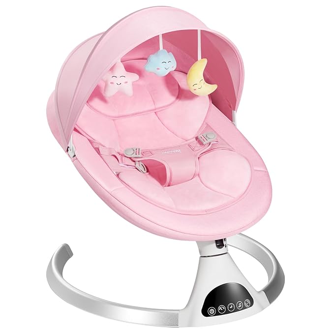 HARPPA Electric Baby Swings for Infants to Toddler, Portable Babies Swing for Newborn Boy and Girls, Motorized Bluetooth Swing, Music Speaker with 12 Preset Lullabies（Pink