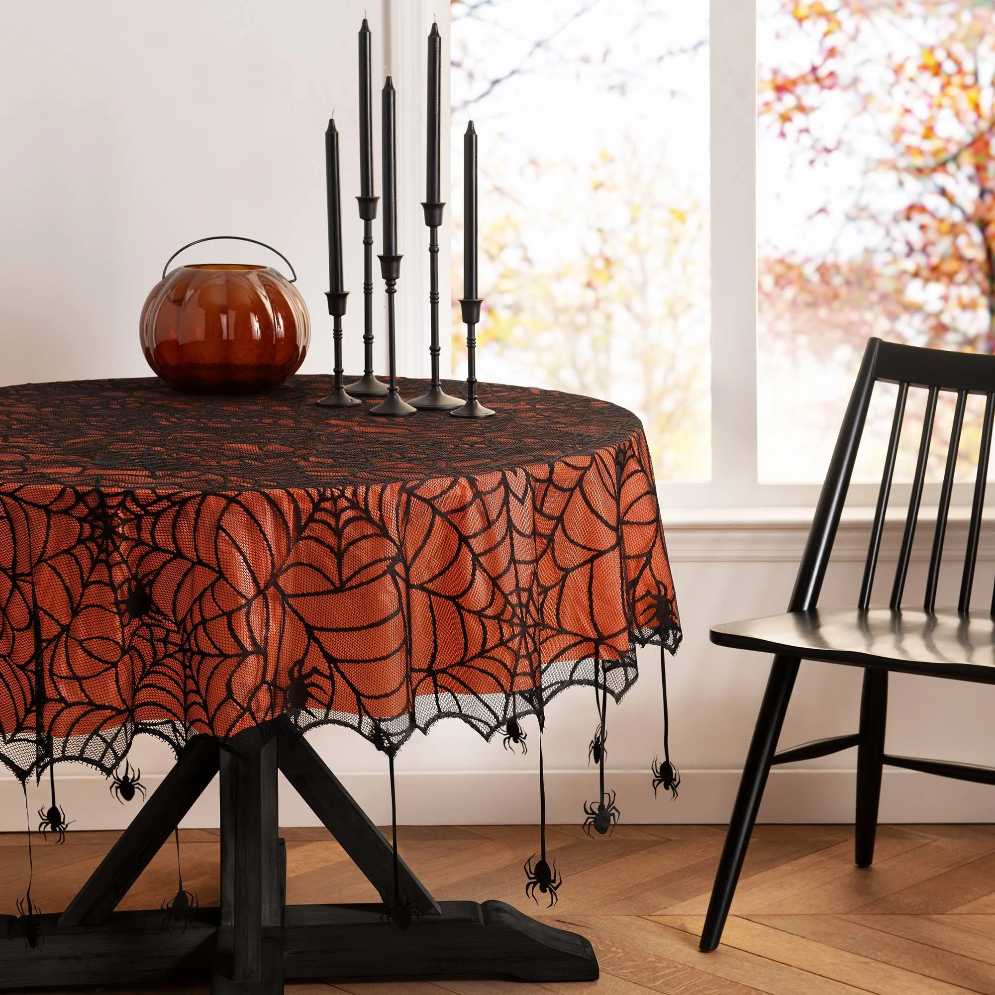 Elrene Home Fashions Crawling Spider Halloween Tablecloth Lace Lined with Removable Orange Plastic Liner, 70" Round, Orange & Black