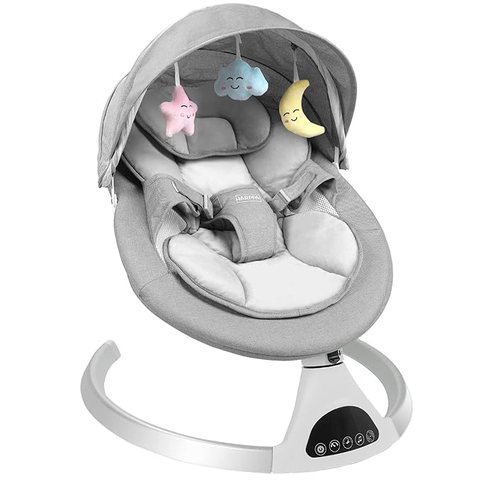 HARPPA Electric Baby Swings for Infants to Toddler, Portable Babies Swing for Newborn Boy and Girls, Motorized Bluetooth Swing, Music Speaker with 12 Preset Lullabies（Grey