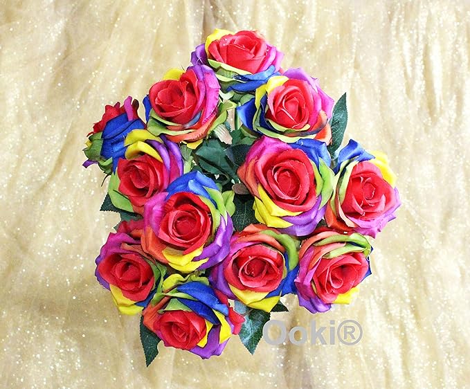 12 Long Stem Artificial Silk Rainbow Rose Flower Bush Bouquet for DIY Any ...