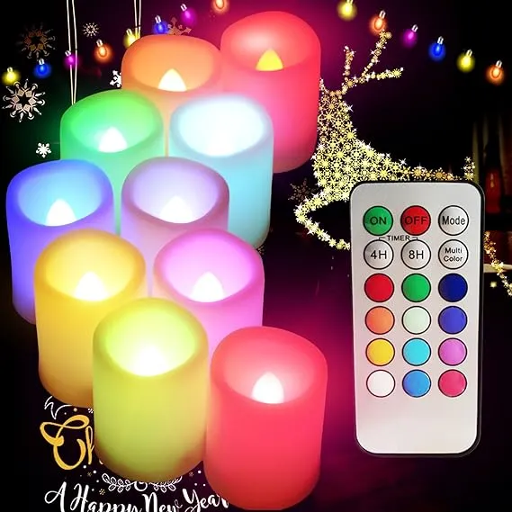 Colored Flameless Candles with Timer and Remote-Color Changing Led Tea Light,Battery Operated RGB Votive Candles,Rainbow Tealights for Halloween,Valentine day,Christmas Party Decor,1.5"x 2",Set of 10