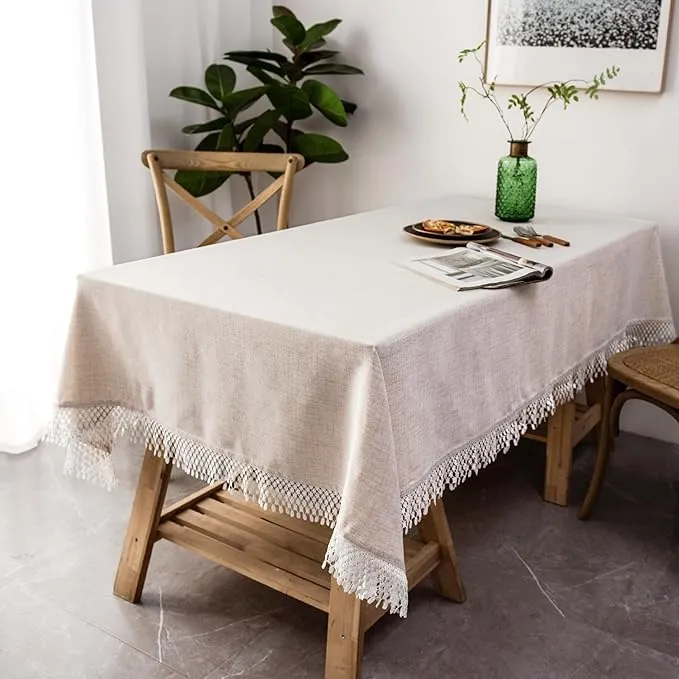 DriftAway Pom Pom Tassel Rectangle Linen Textured Decorative Table Cloth 55 inch ...