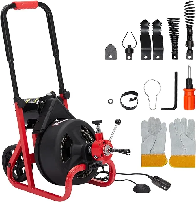 Drain Cleaner Machine, 75 ft x 1/2 inch Electric Drain Auger with 6 Cutters and Gloves, Commercial Drain Cleaning Machine Sewer Snake Drill Drain