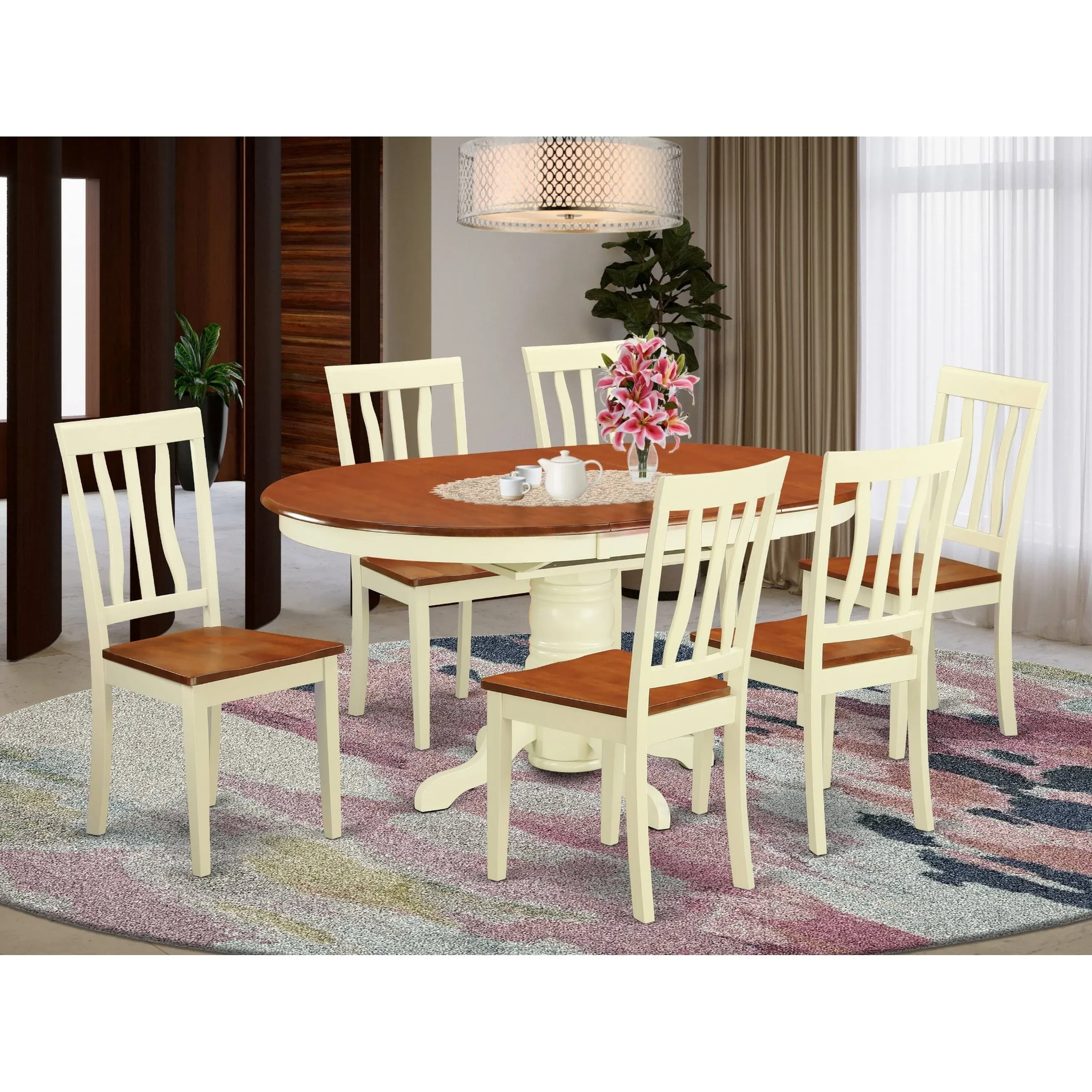 East-West Furniture AVAT7-WHI-W 7-piece Kitchen Table Set - 6 Excellent Kitchen Dining Chairs with Wooden Seat - A Wood Dining Table (Buttermilk & Cherry Finish)