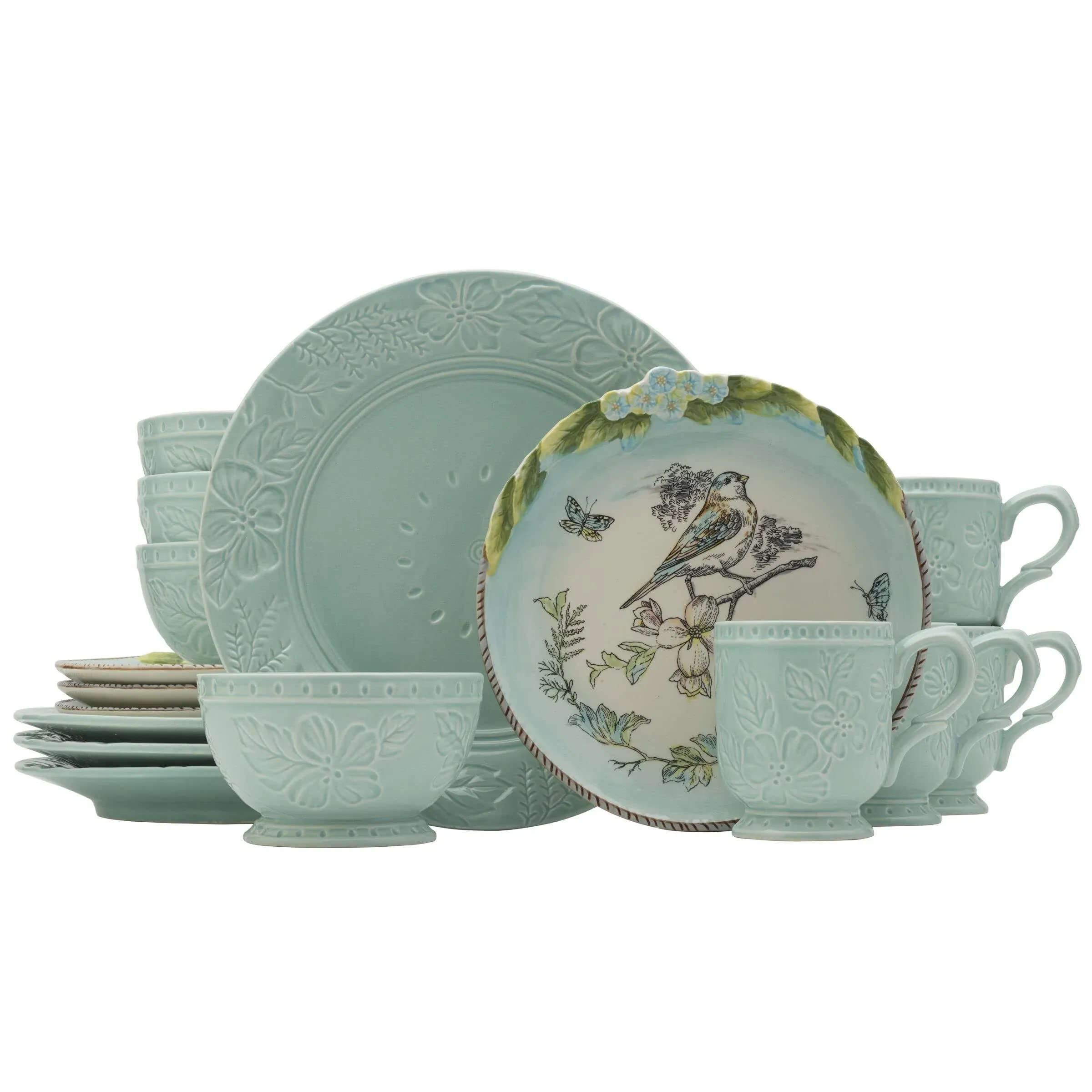 Fitz & Floyd English Garden Bird 16 Piece Dinnerware Set, Service For 4, Blue