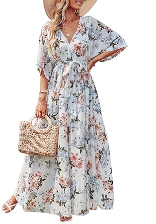 ANRABESS Womens Summer Floral Print Short Sleeve V Neck Elastic Waist Loose ...