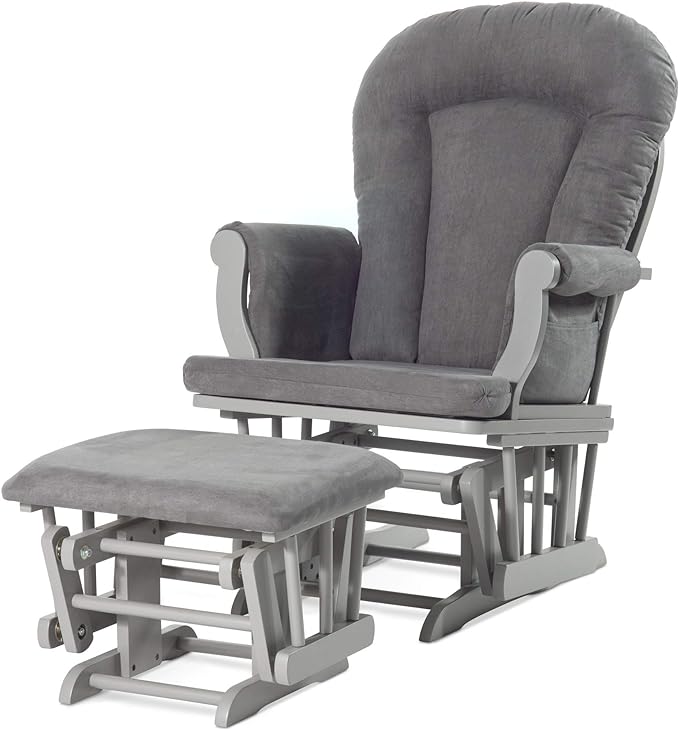 Child Craft Cozy Glider Rocker and Ottoman Set, Padded Cushion with Convenient Storage Pockets, Solid Wood Base & Frame (Cool Gray with Dark Gray Cushion)