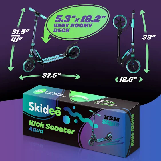 Skidee Scooter for Adults and Teens – Adjustable Height, Kids Scooter, Folding Scooter, Large Sturdy Wheels for Smooth Ride, Lightweight, Durable, Anti-Shock Suspension, Outdoor Toys, up to 220 lbs