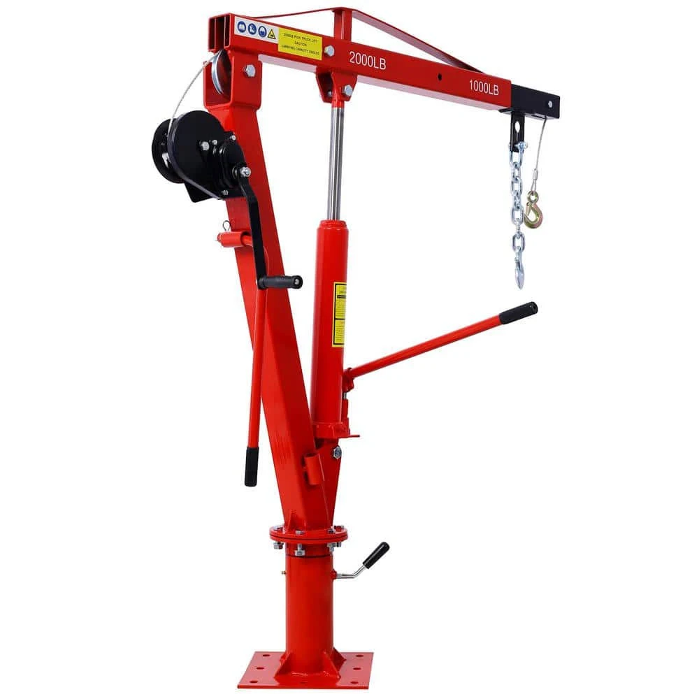 2000 lb. Capacity Steel Hydraulic Pickup Truck Crane with Hand Winch Pickup Truck Bed Hoist Jib Crane in Red