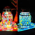 GUANFU 2 Pack Solar Outdoor Mosaic Lantern,Solar Lights Outdoor Hanging Lanterns Rechargeable Waterproof Table Lamp Mosaic Night Light for Garden, Patio, par