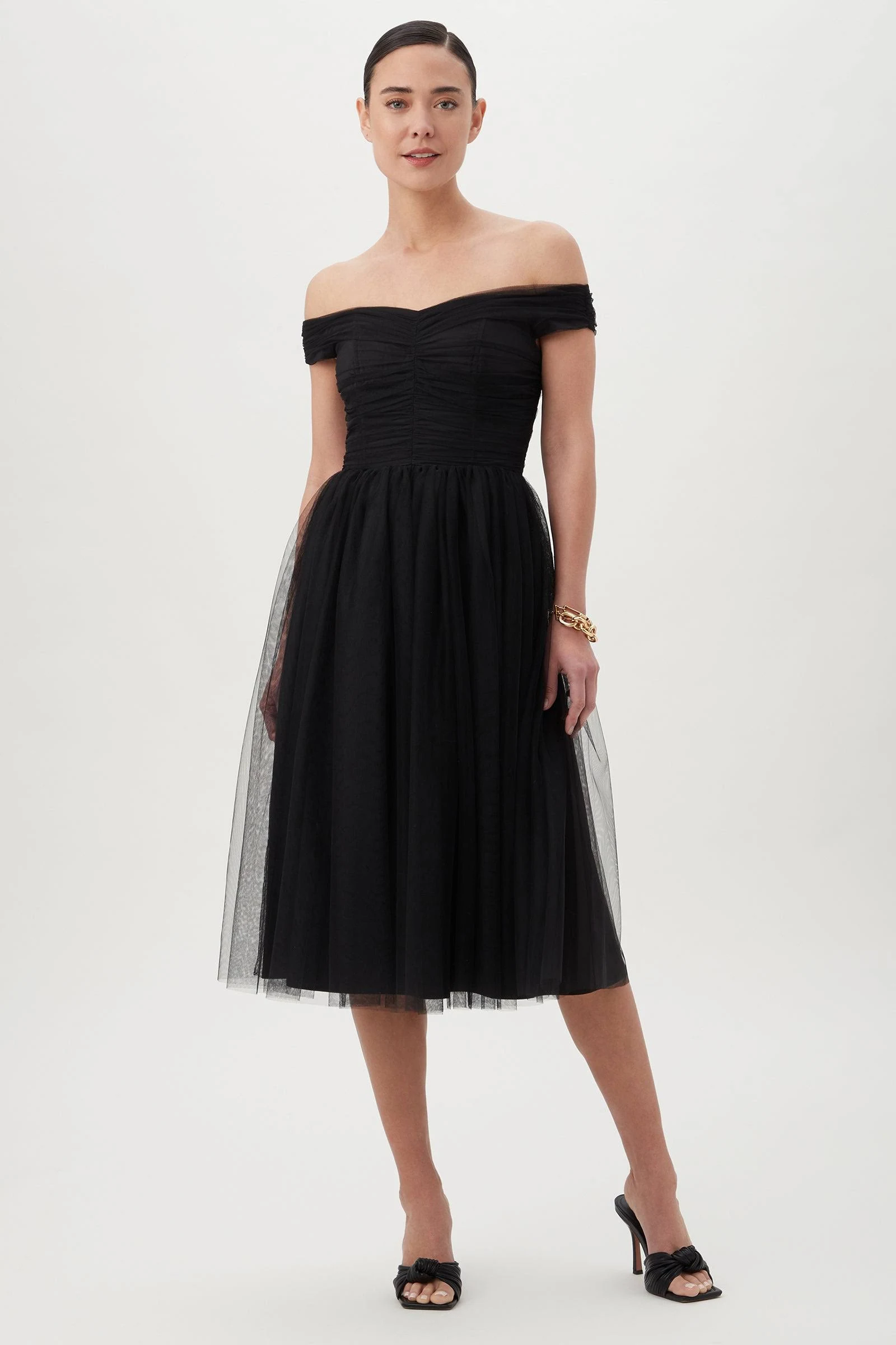 Renai Off-shoulder Tulle Midi Dress In Black