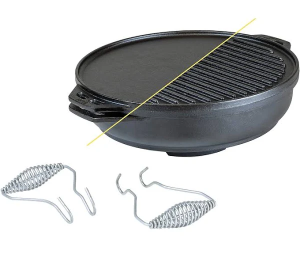 Lodge Cast Iron Cook-It-All Kit. Five-Piece Cast Iron Set includes a Reversible Grill/Griddle 14 Inch, 6.8 Quart Bottom/Wok, Two Heavy Duty Handles, and a Tips & Tricks Booklet.