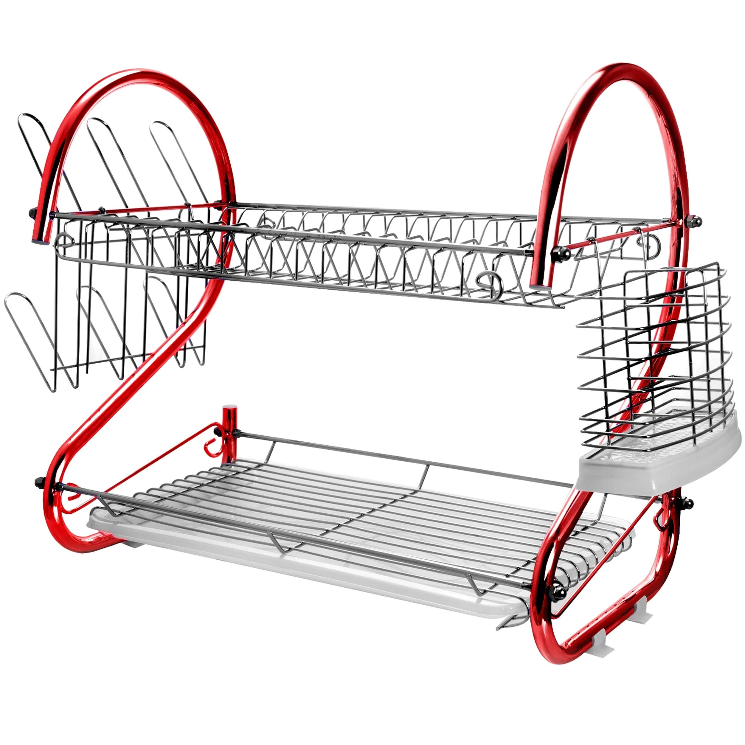 MegaChef 16 inch Two Shelf Iron Wire Dish Rack in Red